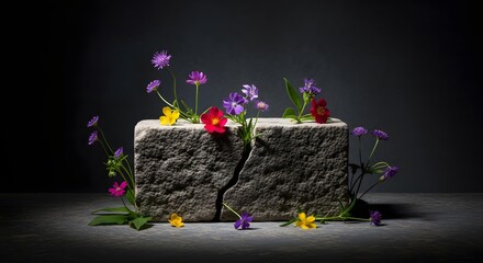 Flowers emerge resiliently from a split rock, symbolizing nature's triumph over adversity in a stark, minimalist still life, and a dark setting.