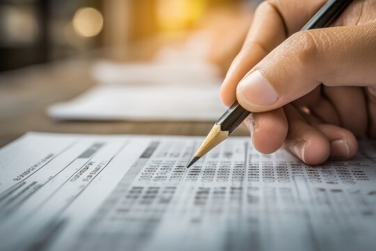 student completing multiple-choice exam sheet with pencil