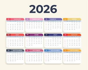 Calendar 2026. Colorful vector set. Pocket calender collection. Week starts on Sunday. Basic grid template for print 