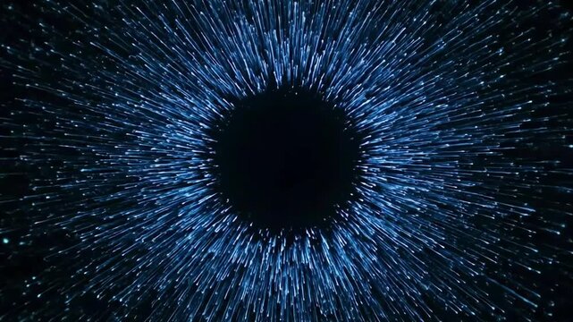 Blue glowing particles burst from a dark core forming a hypnotic abstract eye or sci fi hyperspace tunnel motion background seamless loop
