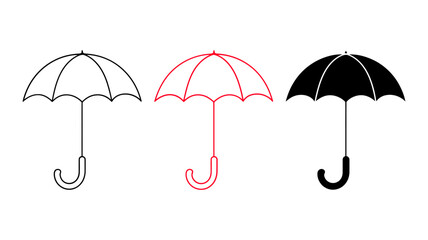 Simple Black, Red, and White Umbrella Icons: Minimalist Vector Graphics for Website Design