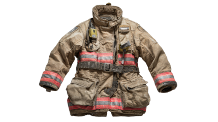 Firefighter turnout gear laid flat background isolated on a Transparent background, PNG file.