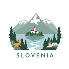 Obraz premium Flat vector of Slovenia with Lake Bled, dragon, pine trees and snowy Alps in modern emblem layout