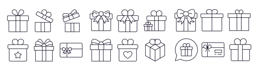 Giftbox, Box for Present Line Icon Bundle. Editable Stroke. Minimalistic Linear Pictogram for Design of Cards, Apps, Banners, Posts