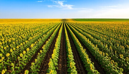 Endless Rows of Sunflowers Under a Clear Blue Sky, a vibrant floral vista