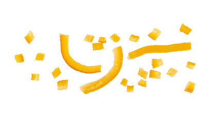 Candied orange peel pieces with sugar flying falling isolated on white background. Healthy dessert
