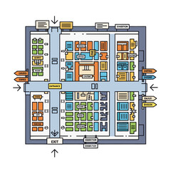 An overhead floor plan illustration of a large exhibition hall or trade show, showing booths, entrances, exits, and directional signage.