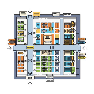An overhead floor plan illustration of a large exhibition hall or trade show, showing booths, entrances, exits, and directional signage.