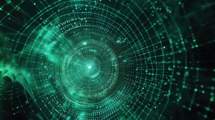 Glowing green tunnel with concentric circles and grid lines