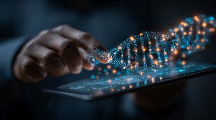 Hand Touching Digital Interface with 3D DNA on Tablet Screen