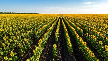 Endless rows of vibrant sunflowers stretching towards the horizon under a clear blue sky