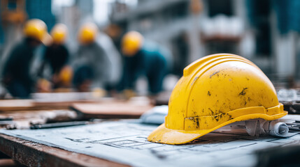 Site safety: bright yellow hard hat on top of construction plans. Background shows blurred construction workers. Protection first!