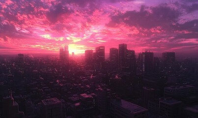 Obraz premium Sunset over a futuristic city. Vibrant pink and purple clouds fill the sky, setting over a dense urban landscape. City buildings are dark, silhouetted against the fiery colors