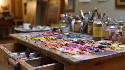 Obraz premium Artist's Palette: A vibrant array of colors adorns a well-used palette, ready to bring visions to life with painterly brushstrokes.