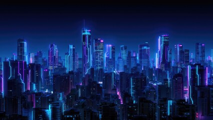 Obraz premium Abstract blue background with lines and a vibrant aerial night view of a sprawling Asian city skyline featuring illuminated skyscrapers and bustling downtown architecture