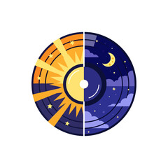 A vinyl record illustration split into day and night, featuring a sunburst on one half and a crescent moon with stars on the other.
