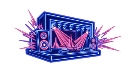Neon concert stage illustration with speakers and vibrant lighting effects.
