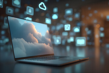 Cloud computing technology concept with digital icons connecting to a laptop in a modern workspace environment illustrating data storage and internet connection