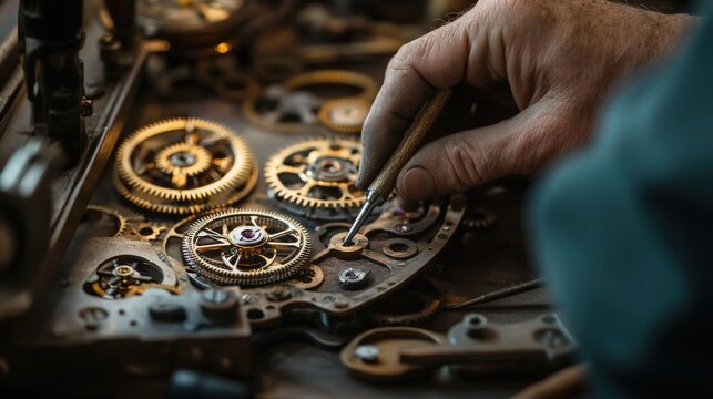 Close-up view of intricate gears and a hand working on a mechanism.
