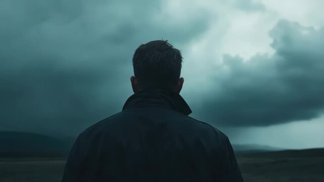 A dramatic scene with a man in a coat facing into an ominous, darkened stormy sky over a barren landscape. Emphasis on the intense weather and the solitary figure.