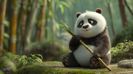 Obraz premium A charming animated panda bear sitting with bamboo in a lush green forest looking content and peaceful