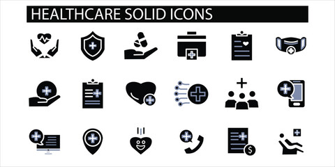 Healthcare icon set. medical, health, report, Solid vector icons.