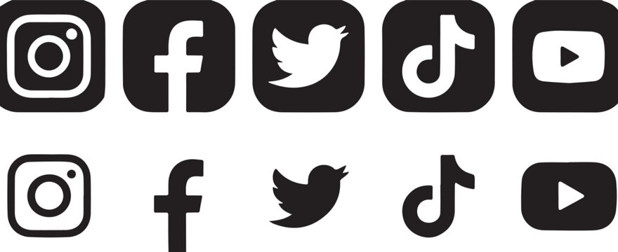 simple black white social media icon collection instagram facebook twitter tiktok youtube vector files ai eps png jpeg