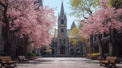 Spring blossoms frame a light-filled courtyard, with a church in the center
