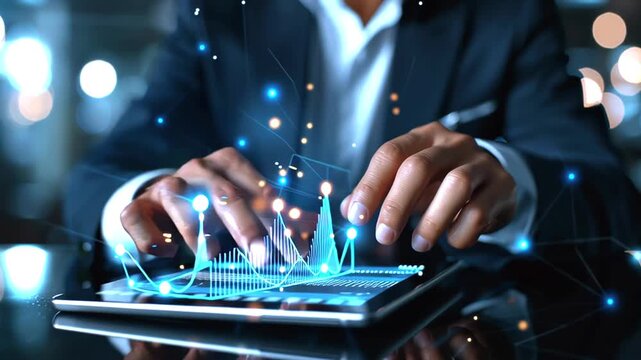 Financial analyst reviewing holographic data charts, manipulating virtual graphs on high tech tablet displaying complex business analytics