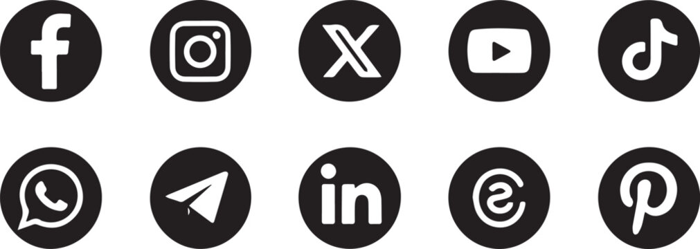 minimal black white social media icons: facebook instagram x youtube tiktok whatsapp telegram linkedin thread pinterest