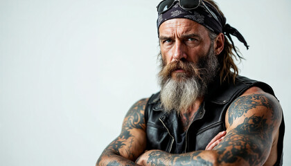 Close-up portrait of a rugged biker with tattoos and leather vest on a bright white background.
