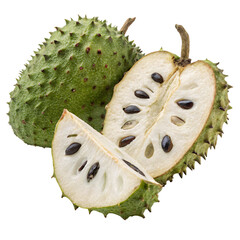 Ripe fresh soursop fruit, whole and halved, isolated PNG transparent background