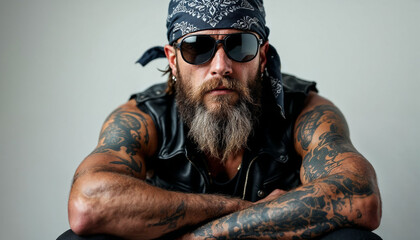 Close-up portrait of a rugged biker with tattoos and leather vest on a bright white background.

