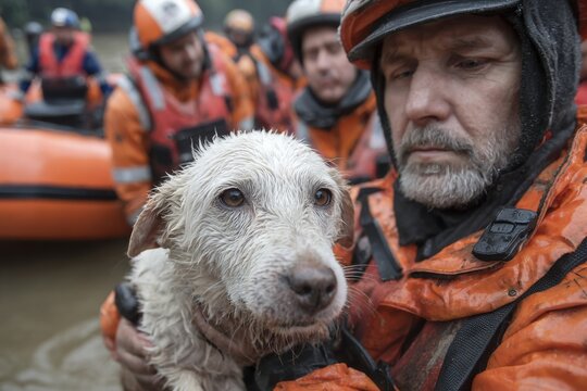 Rescue operation saving a stranded dog flooded area photo emergency response close-up compassionate care