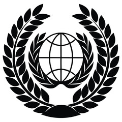 Stylized global icon featuring a detailed olive branch encircling a planet representing peace nature and international connection