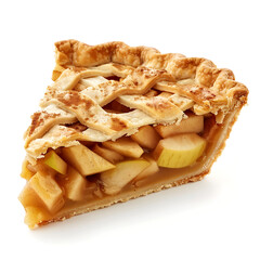 A slice of apple pie with a golden lattice crust, showcasing juicy apple filling.