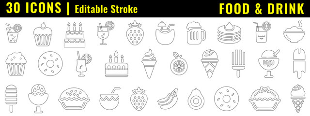 food and drink outline icon, editable stroke 30 line icon set related to food and drink of restaurant for web and application