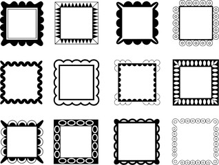 Collection of twelve decorative black and white square frames with varied borders
