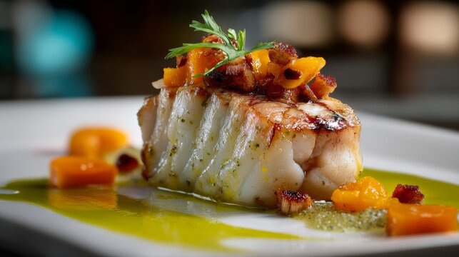 Top-down view of an elegant wahoo fillet plate, garnished with herbs and sauce, presented with precision on a clean white backdrop, emphasizing fine textures and gourmet design.