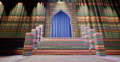 colored staires leading to a colorfull arabic arc door