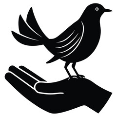 Elegant solid silhouette of a bird perched on a human hand symbolizing freedom connection and nature against a clean white background