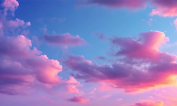 Pink And Blue Cloudscape With Golden Sunset Colors Against a Blue Sky Background