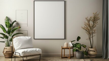 Interior scene with chair, plants, and a blank frame art
