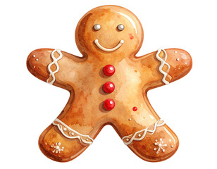 Hand-Painted Watercolor Gingerbread Man with Festive Decor – Transparent PNG (2)