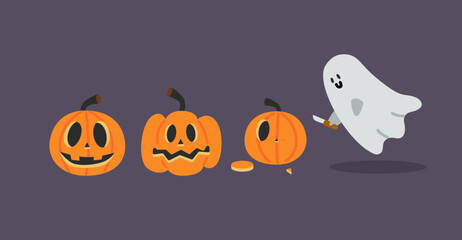 Cartoon ghost with pumpkins on dark purple background. Halloween celebration. Pumpkin carving and spooky decoration concept.