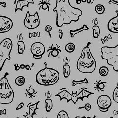 Halloween pattern with hand drawn pumpkins, ghosts, bats, bones, spiders, cats, and candles in white on purple background. Halloween celebration.