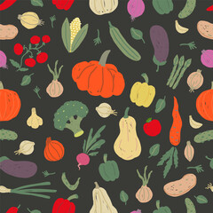 Hand drawn vegetables harvest seamless pattern. Wallpaper with of pumpkins, peppers, tomatoes, onions, broccoli, and corn. Farm and garden concept.