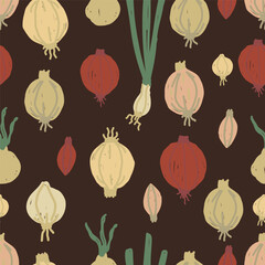 Seamless pattern with hand drawn onions. Repeating vegetable background with red, white and green onions. Food and kitchen concept.