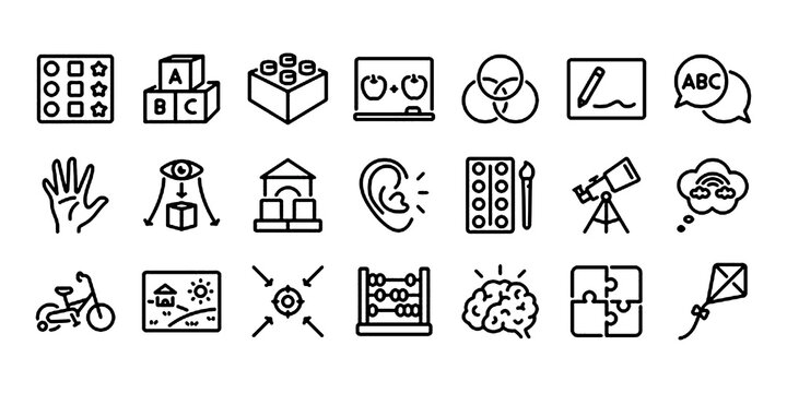 Preschool abilities and child development related editable stroke outline icons vector illustration.