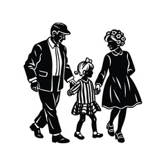 grandparents walking with granddaughter vector silhouette